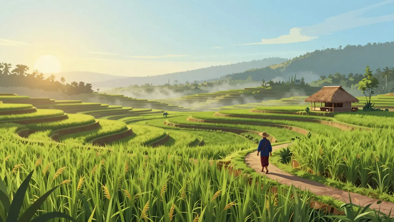 Sawah bertingkat Jatiluwih yang luas dan hijau, seorang petani berjalan di jalur sempit di tengah sawah.