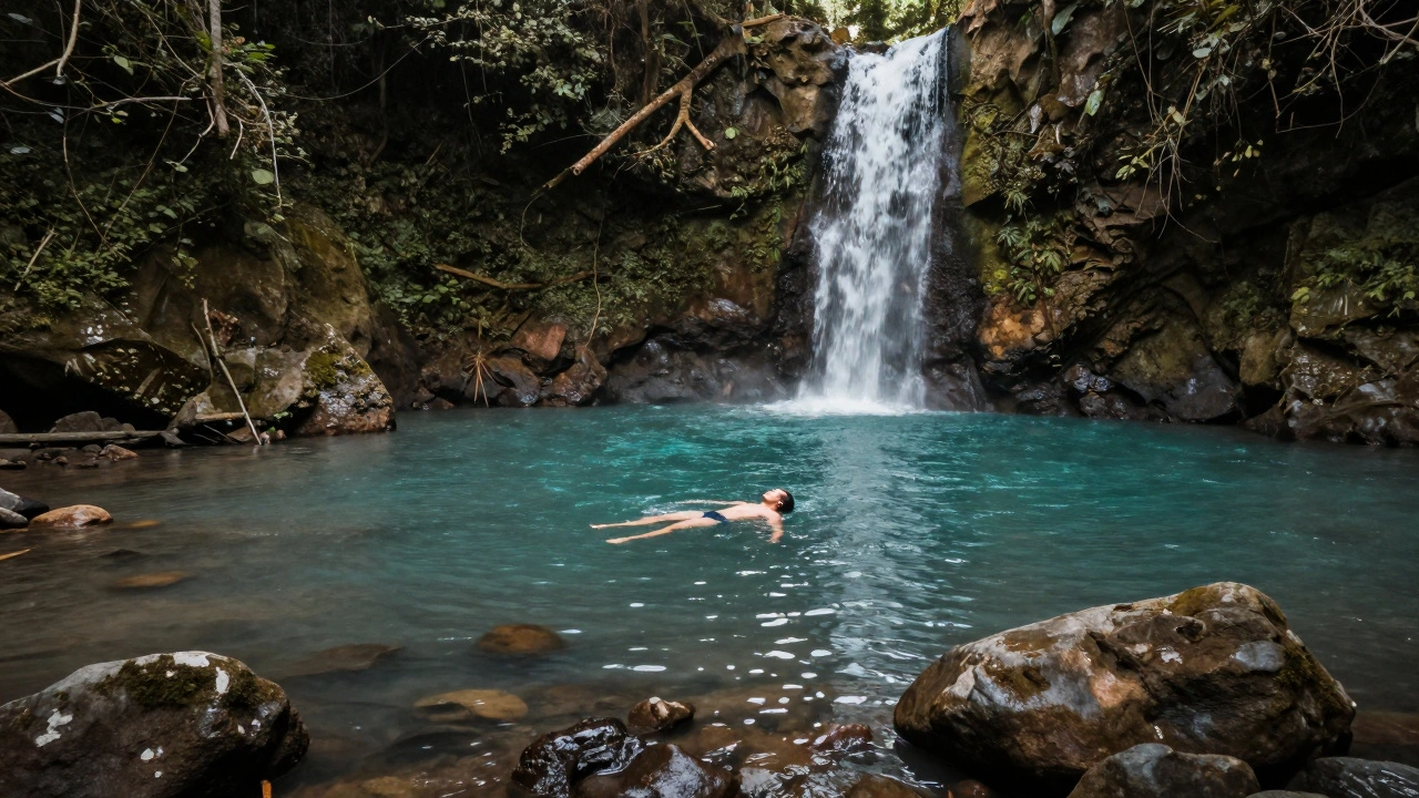 Seseorang berenang di kolam alami Air Terjun Timbrah, air jernih dan hutan liar mengelilinginya tanpa jejak wisatawan.