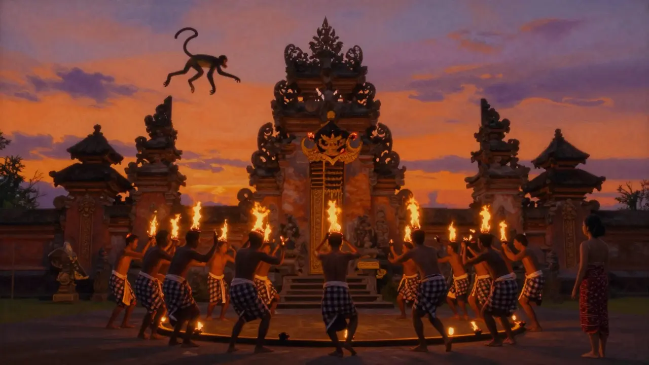 Tarian Kecak di pura saat matahari terbenam, api menyala dan siluet penari mengelilingi lingkaran api.