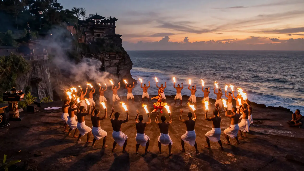 Tarian Kecak di Pura Uluwatu saat senja, ratusan pria berlingkar dan penari tengah menari di tepi tebing.