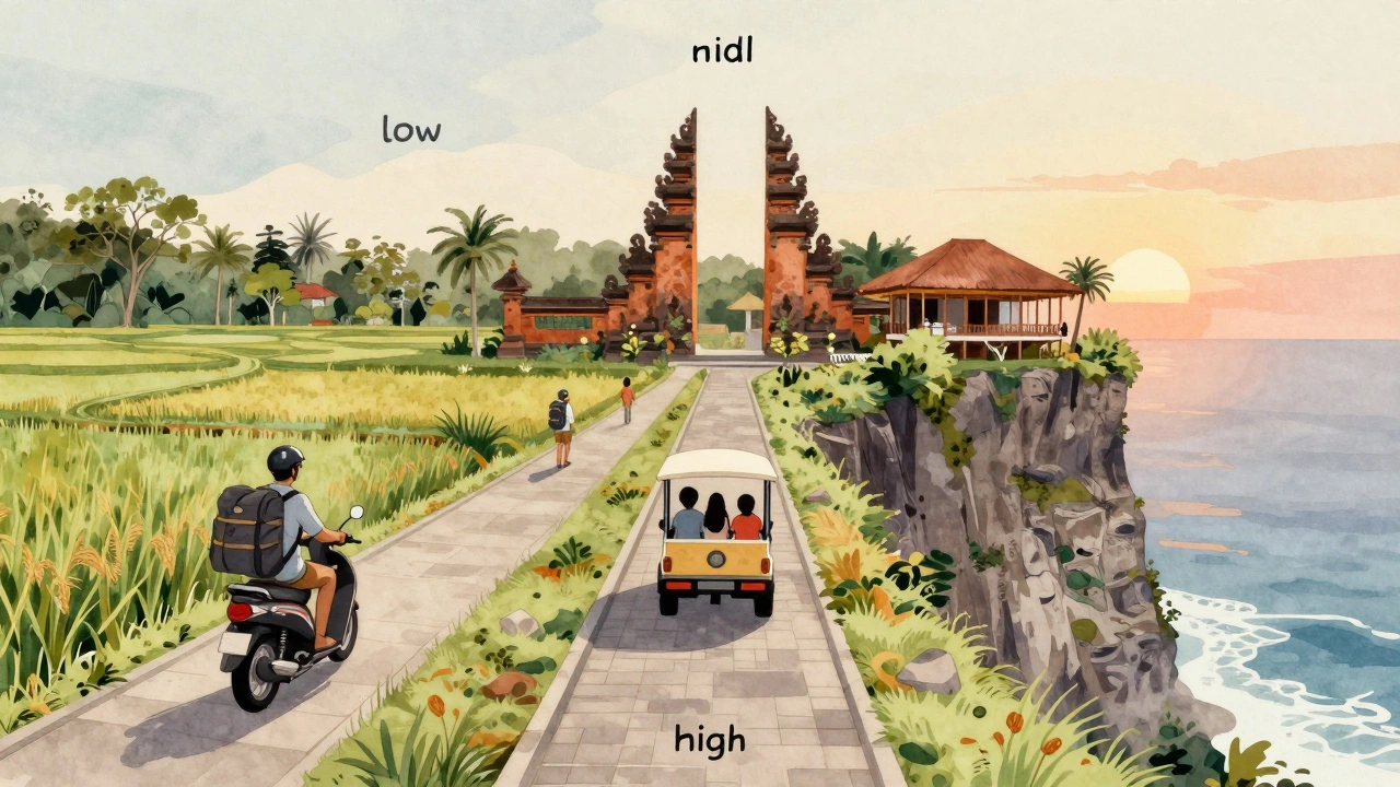 Tiga jalur perjalanan di Bali: backpacker, keluarga, dan wisatawan mewah, semua menuju cakrawala yang sama di lanskap pulau.