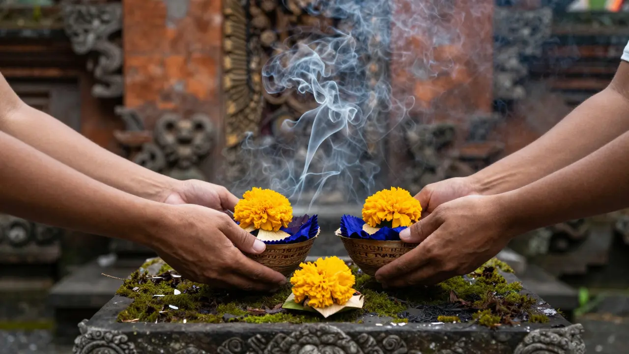 Tiga tangan meletakkan canang sari di altar batu di kuil desa tersembunyi, asap kemenyan melingkar di cahaya pagi.