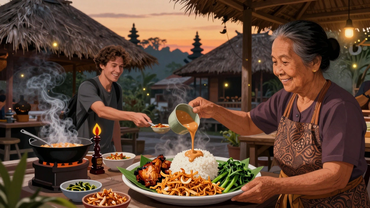 Warung makan tradisional di Ubud dengan ibu tua menyajikan nasi campur di malam hari, asap dupa membubung.