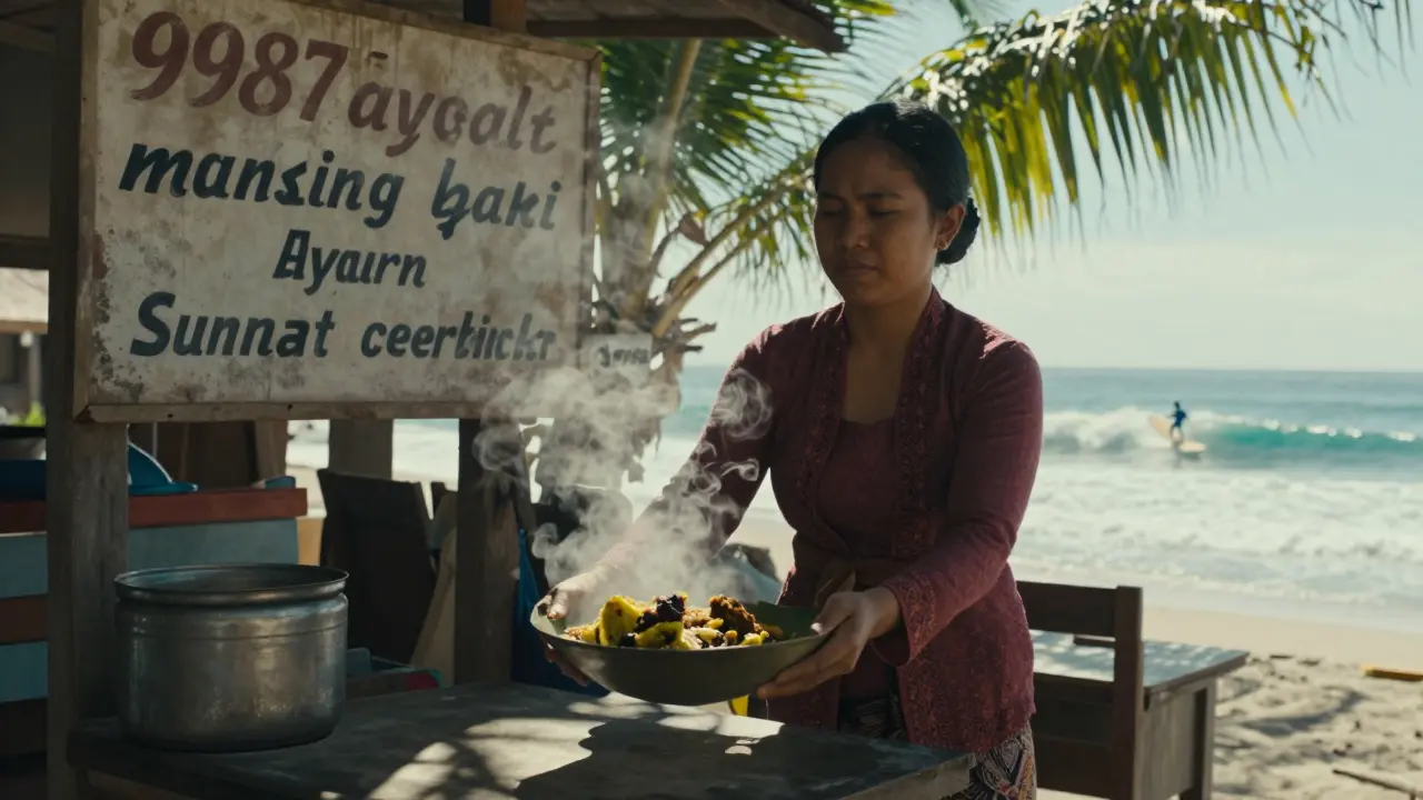 Warung makan tradisional Kuta menyajikan nasi ayam khas dengan bumbu turun-temurun.