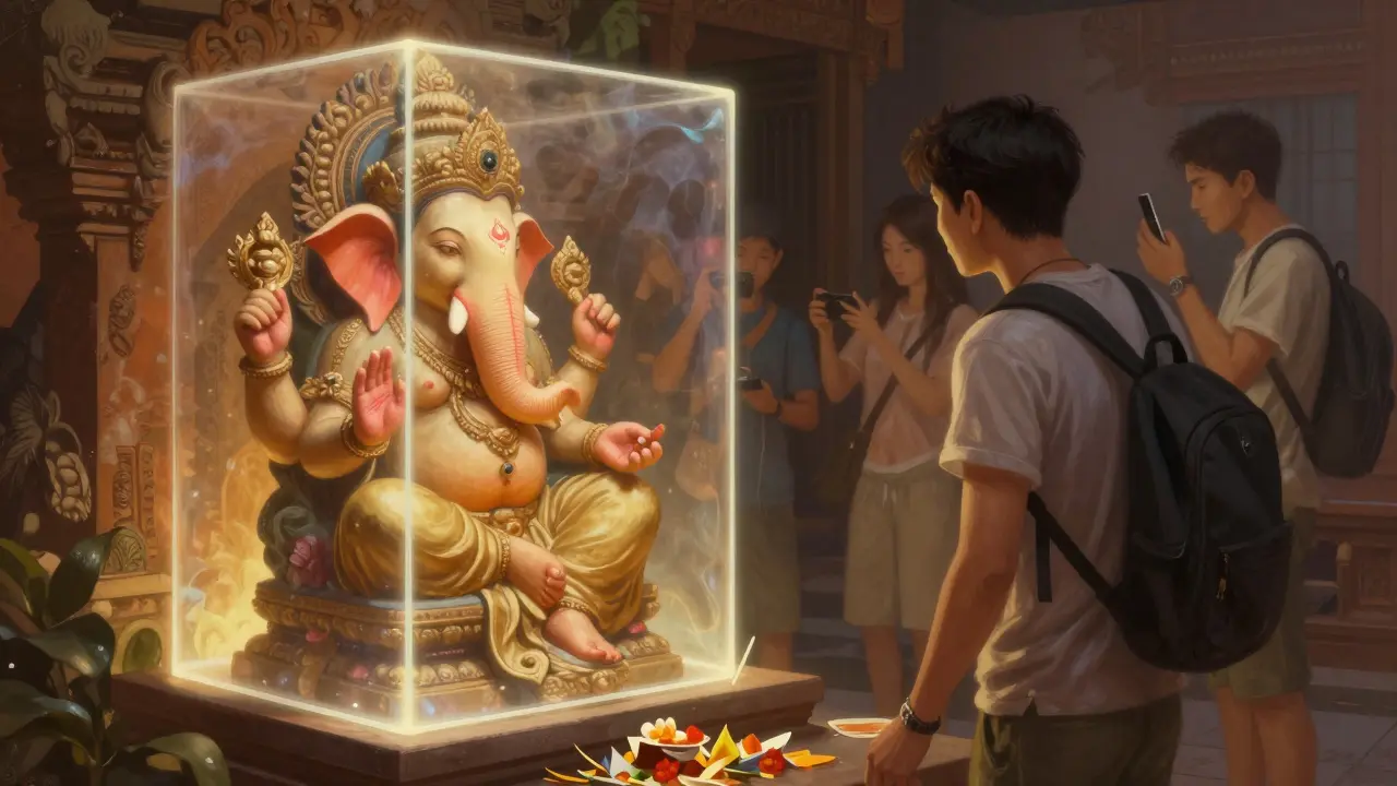 Wisatawan berhenti di depan patung Ganesha, halangan transparan memisahkan perilaku hormat dan tidak sopan.