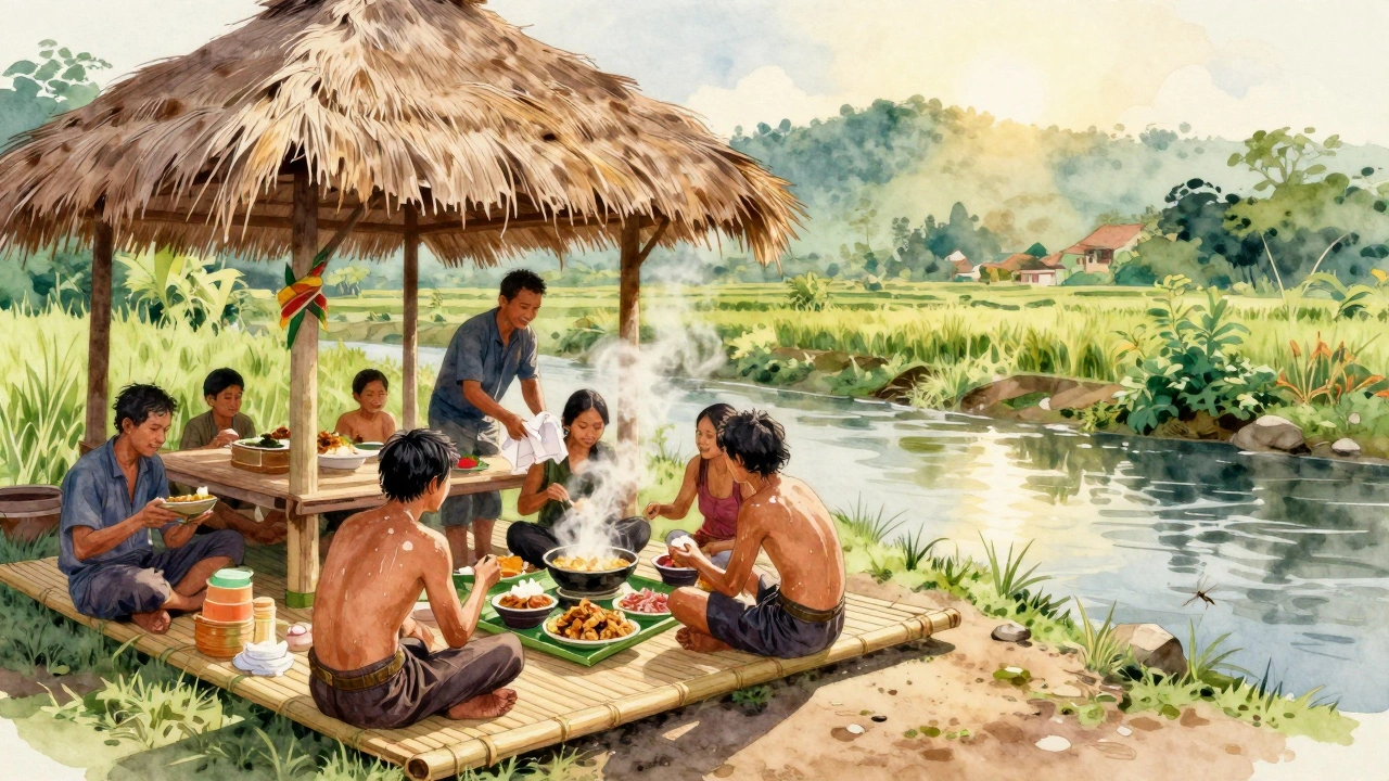 Wisatawan bersantai setelah arung jeram, menikmati makan siang di tepi sungai dengan pemandangan sawah bertingkat di Bali.