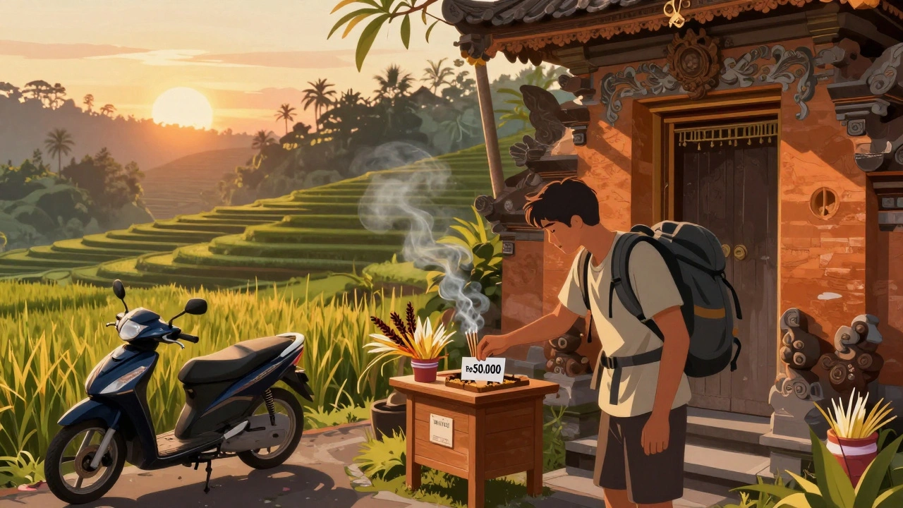 Wisatawan memberi sumbangan uang tunai di pintu pura saat matahari terbenam.