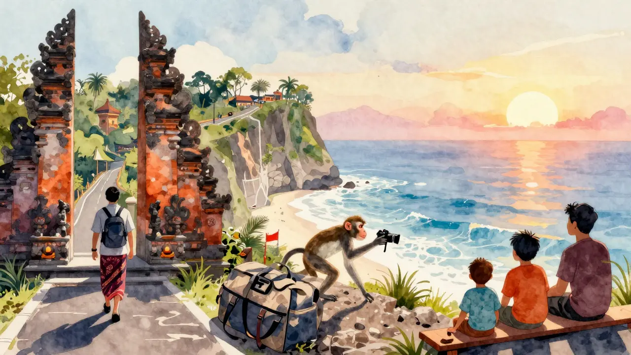 Wisatawan mengenakan sarung, monyet mencuri kamera, dan keluarga menonton tari tradisional di tebing Uluwatu.