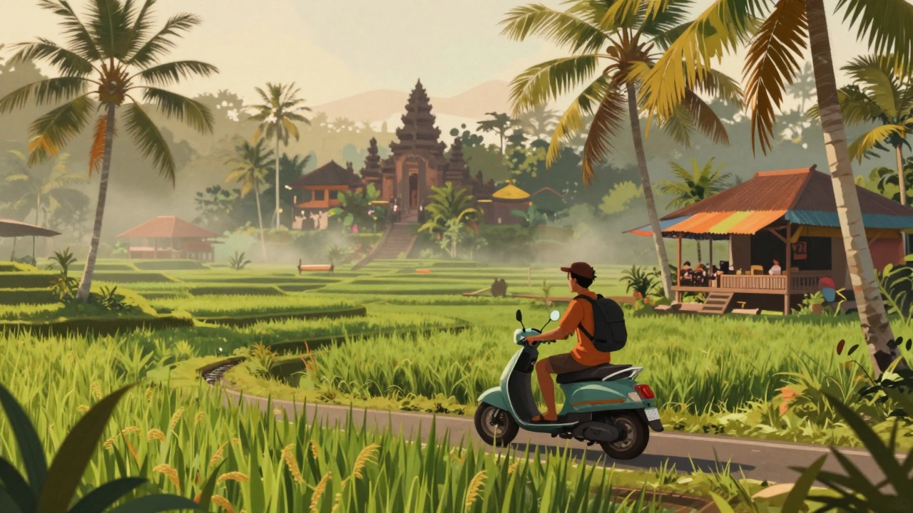 Wisatawan mengendarai sepeda motor melewati sawah hijau di Ubud, pohon kelapa dan pura kecil di latar belakang.