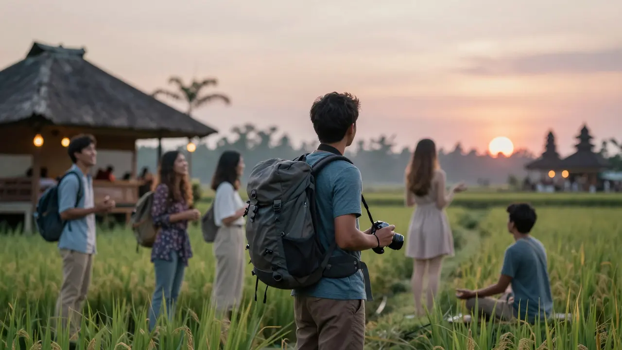 Wisatawan solo dikelilingi bayangan orang lain yang menikmati pengalaman Bali bersama dalam tur grup.