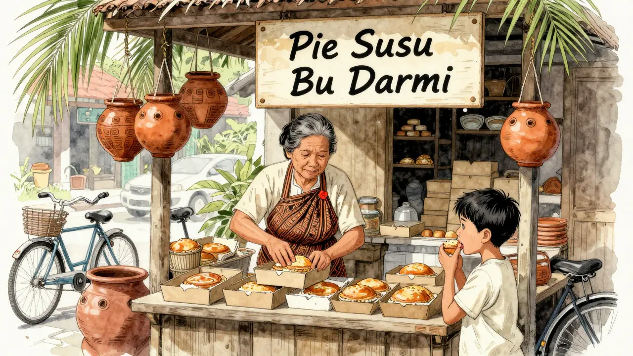 Keluarga di toko pie susu Bu Darmi di Ubud membungkus pie hangat dengan kemasan sederhana.