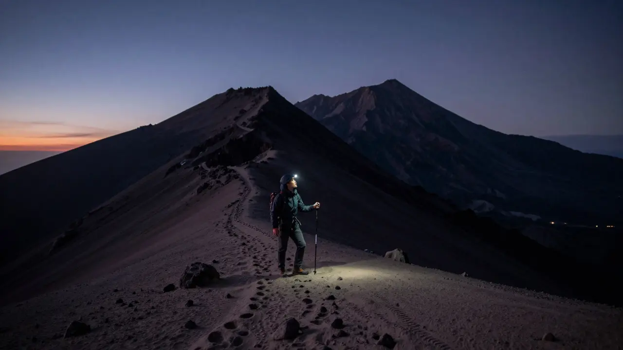 Pendaki berhenti di jalur pendakian Gunung Batur pada dini hari, diterangi lampu kepala, menuju puncak yang masih gelap.