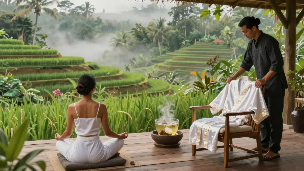 Retret kesehatan di Ubud, tamu meditasi di atas dek menghadap sawah hijau, dengan suasana damai dan alam sekitar.