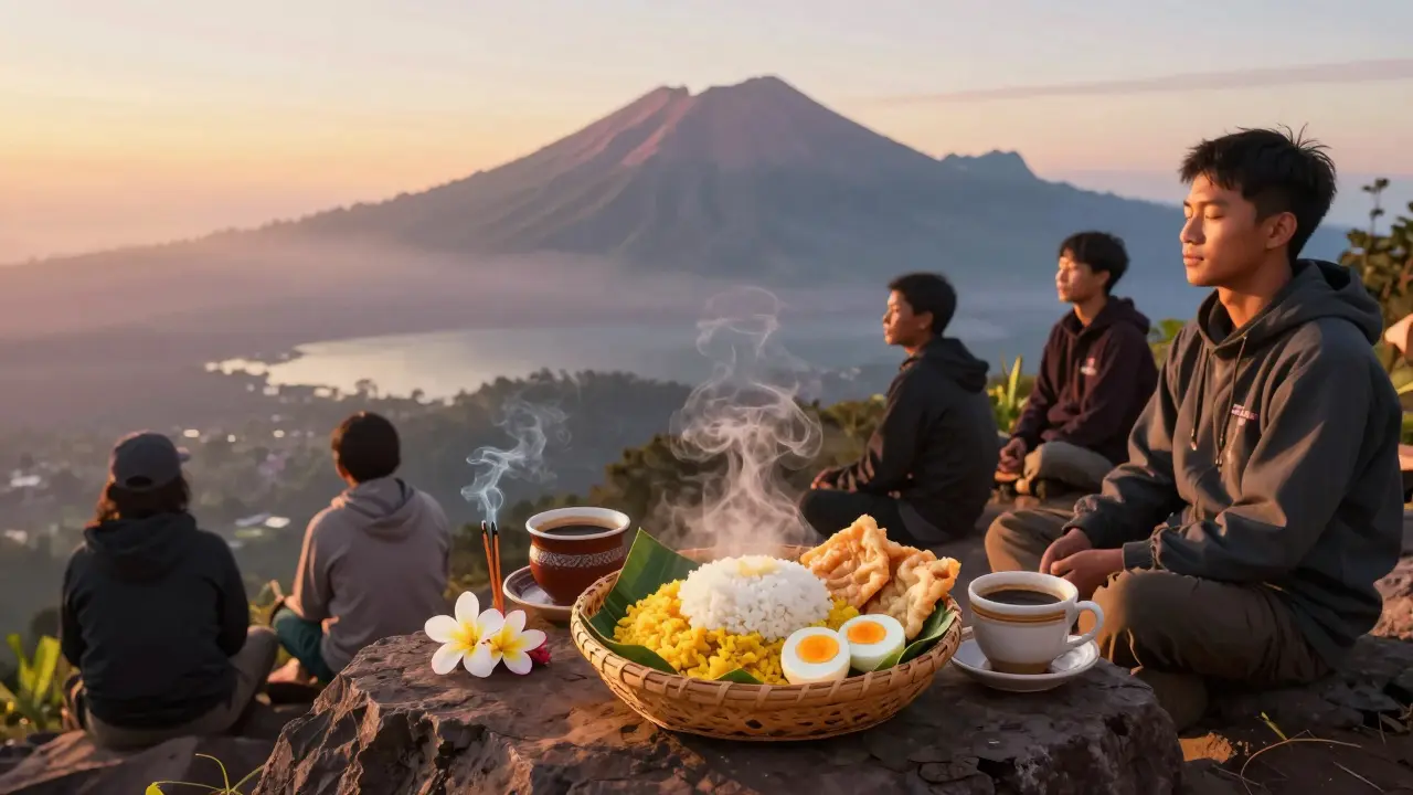 Sarapan tradisional Bali di puncak Gunung Batur, dengan makanan dan bunga offering ditempatkan di batu saat matahari terbit.