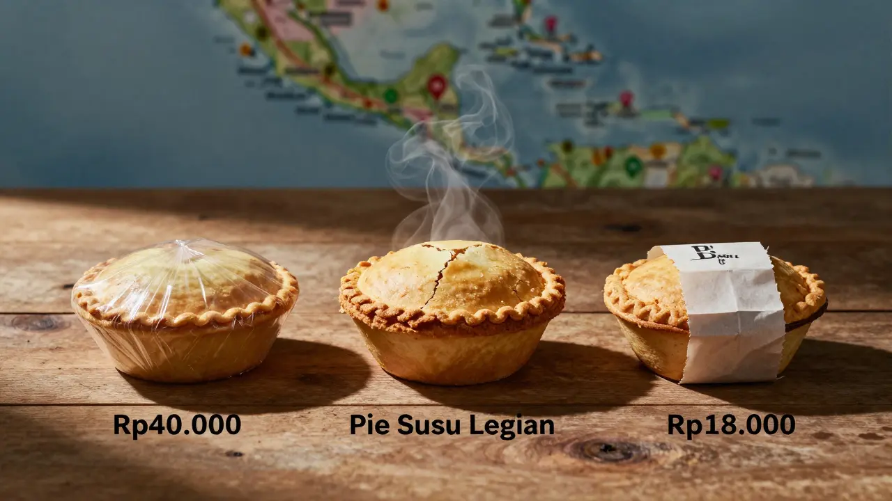 Tiga pie susu dibandingkan: bandara, Legian, dan Bu Darmi, menunjukkan perbedaan harga dan kualitas.